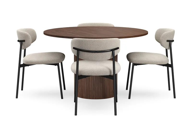 Kopparbo Rundt Spisebord 120 cm med 4 Lucy Spisestoler - Mørkebrun / Greige Bouclé / Metallben Svart - Møbler - Bord - Spisegrupper