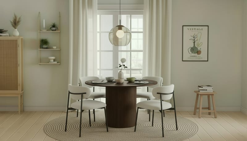 Kopparbo Rundt Spisebord 120 cm med 4 Lucy Spisestoler - Mørkebrun / Hvit Bouclé / Metallben Svart - Møbler - Bord - Spisegrupper