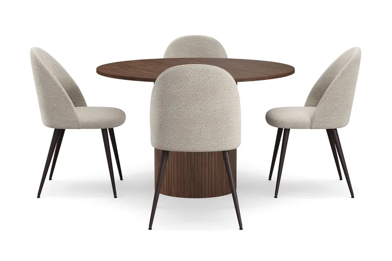 Kopparbo Rundt Spisebord 120 cm med 4 Nibe Plus Spisestoler - Mørkebrun / Greige Bouclé / Metallben Valnøtt - Møbler - Bord - Spisegrupper
