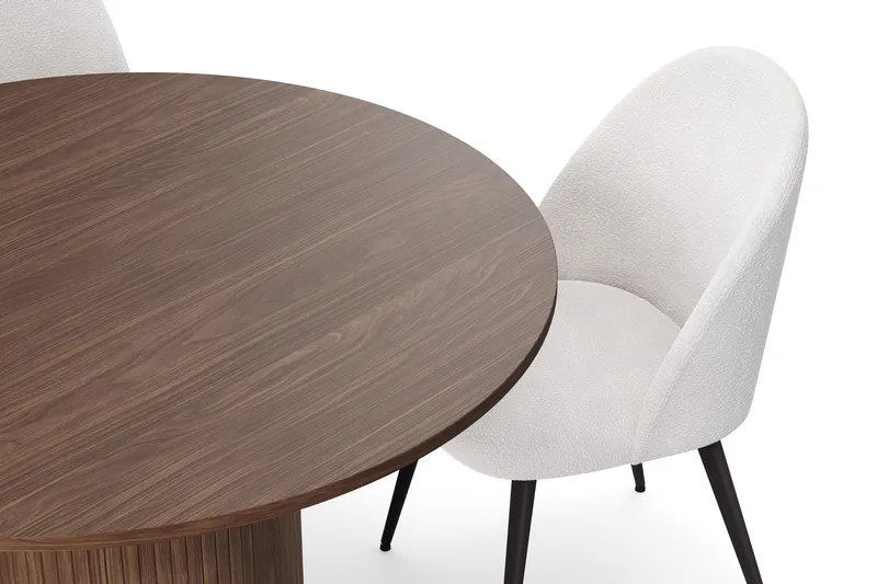 Kopparbo Rundt Spisebord 120 cm med 4 Nibe Plus Spisestoler - Mørkebrun / Hvit Bouclé / Metallben Valnøtt - Møbler - Bord - Spisegrupper
