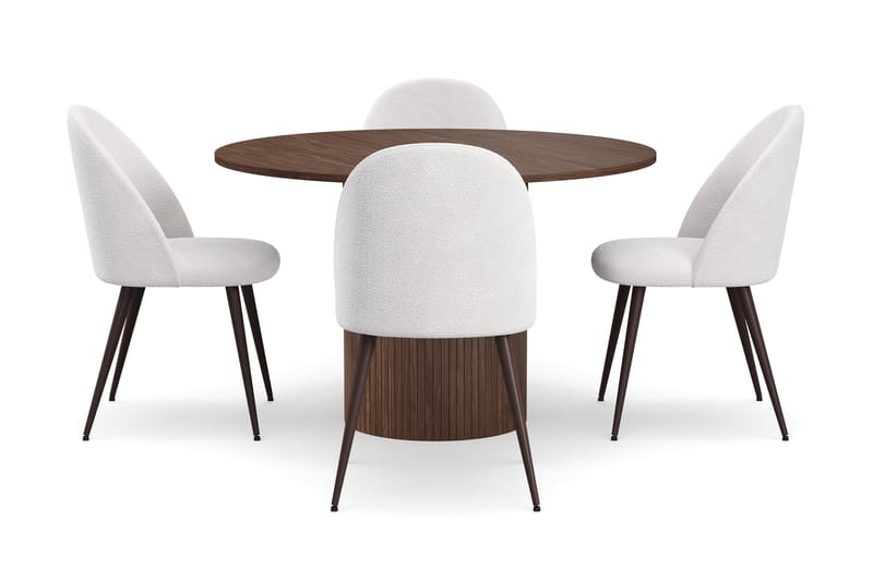 Kopparbo Rundt Spisebord 120 cm med 4 Nibe Plus Spisestoler - Mørkebrun / Hvit Bouclé / Metallben Valnøtt - Møbler - Bord - Spisegrupper
