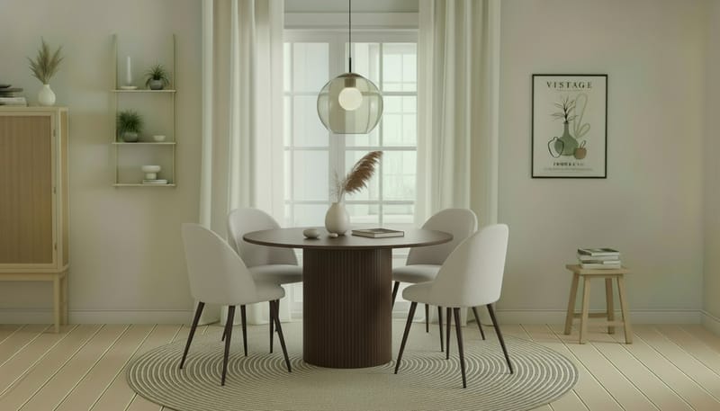 Kopparbo Rundt Spisebord 120 cm med 4 Nibe Plus Spisestoler - Mørkebrun / Hvit Bouclé / Metallben Valnøtt - Møbler - Bord - Spisegrupper