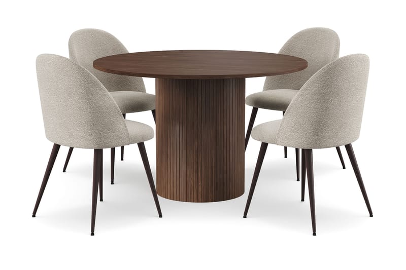 Kopparbo Rundt Spisebord 120 cm med 4 Nibe Plus Spisestoler, Mørkebrun / Greige Bouclé / Metallben Valnøtt