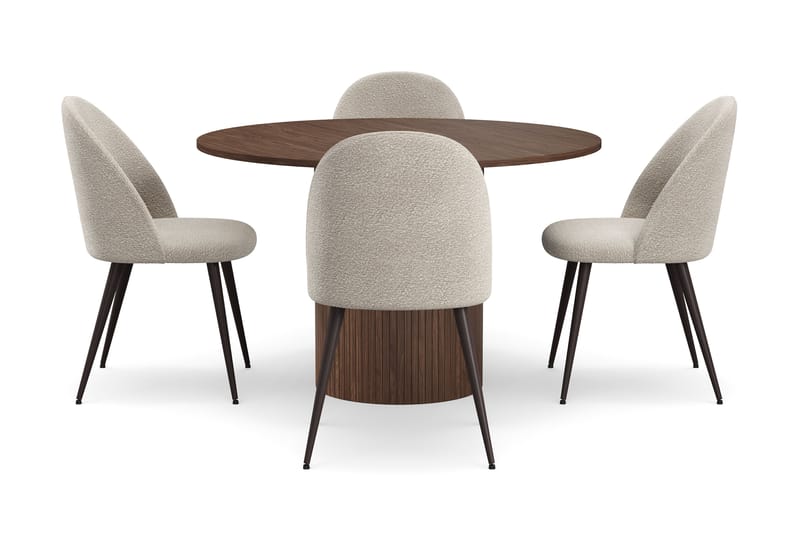 Kopparbo Rundt Spisebord 120 cm med 4 Nibe Plus Spisestoler - Mørkebrun / Greige Bouclé / Metallben Valnøtt - Møbler - Bord - Spisegrupper