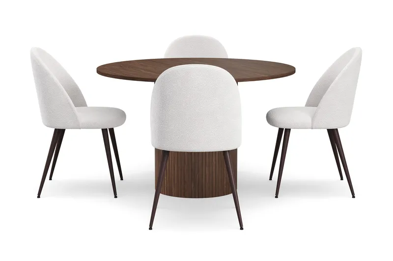 Kopparbo Rundt Spisebord 120 cm med 4 Nibe Plus Spisestoler - Mørkebrun / Hvit Bouclé / Metallben Valnøtt - Møbler - Bord - Spisegrupper