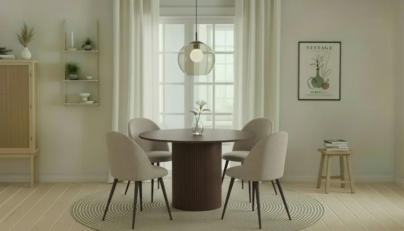 Kopparbo Rundt Spisebord 120 cm med 4 Nibe Plus Spisestoler - Mørkebrun / Greige Bouclé / Metallben Valnøtt - Møbler - Bord - Spisegrupper