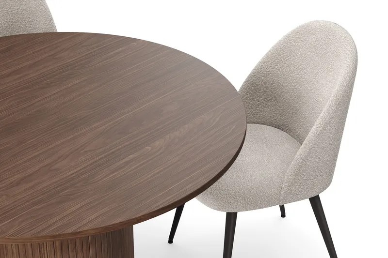 Kopparbo Rundt Spisebord 120 cm med 4 Nibe Plus Spisestoler - Mørkebrun / Greige Bouclé / Metallben Valnøtt - Møbler - Bord - Spisegrupper