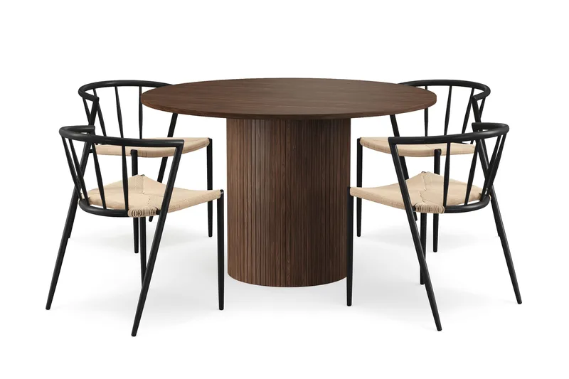 Kopparbo Rundt Spisebord 120 cm med 4 Winston Spisestoler, Mørkebrun / Beige / Metallben Svart