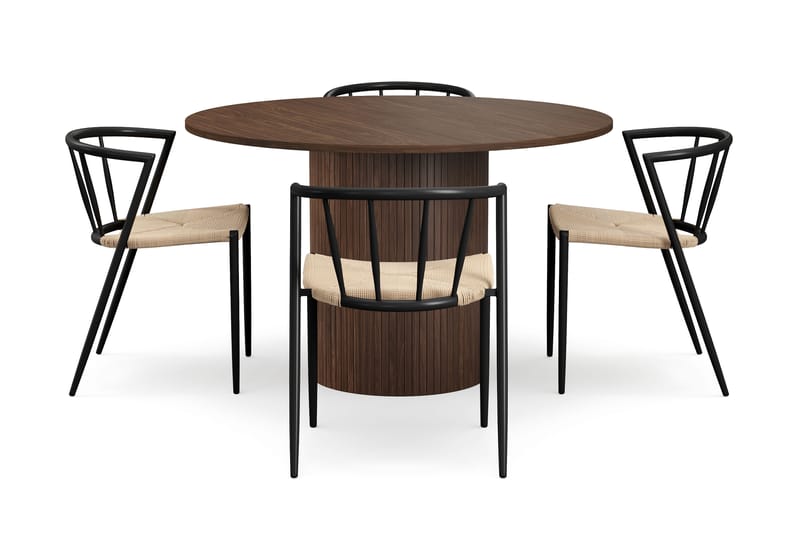 Kopparbo Rundt Spisebord 120 cm med 4 Winston Spisestoler - Mørkebrun / Beige / Metallben Svart - Møbler - Bord - Spisegrupper