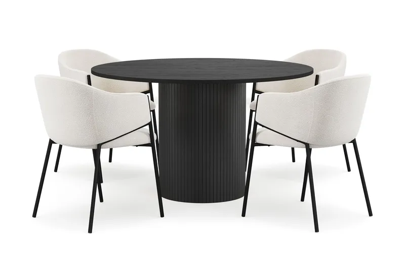 Kopparbo Rundt Spisebord 130 cm med 4 Filip Spisestoler, Svart tre / Hvit Bouclé