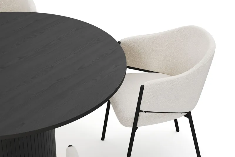 Kopparbo Rundt Spisebord 130 cm med 4 Filip Spisestoler - Svart tre / Hvit Bouclé - Møbler - Bord - Spisegrupper