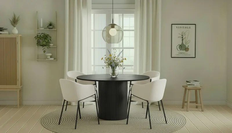 Kopparbo Rundt Spisebord 130 cm med 4 Filip Spisestoler - Svart tre / Hvit Bouclé - Møbler - Bord - Spisegrupper