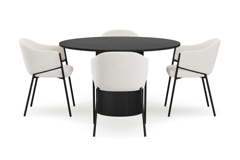 Kopparbo Rundt Spisebord 130 cm med 4 Filip Spisestoler - Svart tre / Hvit Bouclé - Møbler - Bord - Spisegrupper