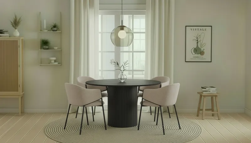 Kopparbo Rundt Spisebord 130 cm med 4 Filip Spisestoler - Svart tre / Taupe Bouclé - Møbler - Bord - Spisegrupper