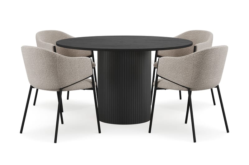 Kopparbo Rundt Spisebord 130 cm med 4 Filip Spisestoler, Svart tre / Taupe Bouclé