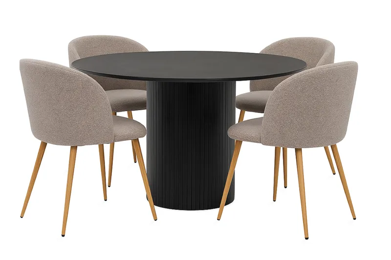 Kopparbo Rundt Spisebord 130 cm med 4 Greya Spisestoler med armlener, Svart tre / Greige Bouclé / Metallben Eik