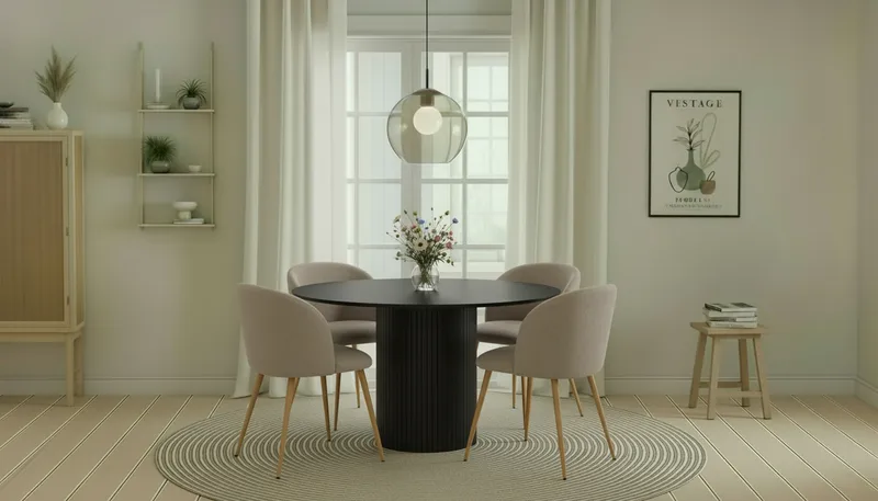 Kopparbo Rundt Spisebord 130 cm med 4 Greya Spisestoler med armlener - Svart tre / Greige Bouclé / Metallben Eik - Møbler - Bord - Spisegrupper