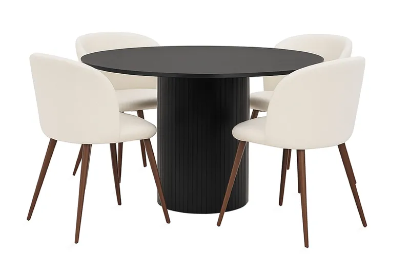 Kopparbo Rundt Spisebord 130 cm med 4 Greya Spisestoler med armlener, Svart tre / Hvit Bouclé / Metallben Valnøtt