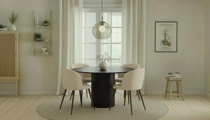 Kopparbo Rundt Spisebord 130 cm med 4 Greya Spisestoler med armlener - Svart tre / Hvit Bouclé / Metallben Valnøtt - Møbler - Bord - Spisegrupper