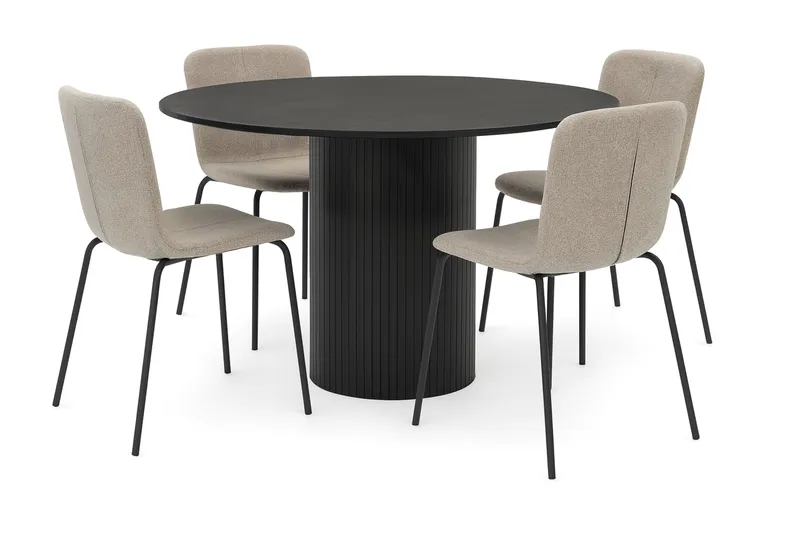 Kopparbo Rundt Spisebord 130 cm med 4 Katy Spisestoler, Svart tre / Greige Bouclé / Metallben Svart