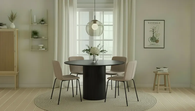 Kopparbo Rundt Spisebord 130 cm med 4 Katy Spisestoler - Svart tre / Greige Bouclé / Metallben Svart - Møbler - Bord - Spisegrupper