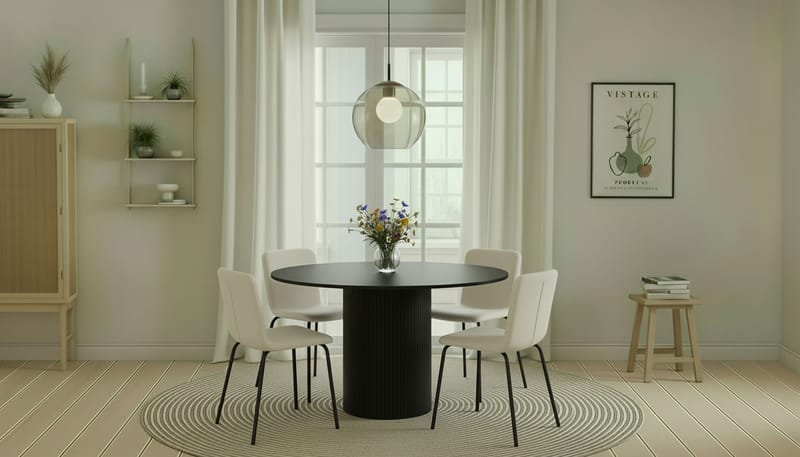 Kopparbo Rundt Spisebord 130 cm med 4 Katy Spisestoler - Svart tre / Hvit Bouclé / Metallben Svart - Møbler - Bord - Spisegrupper