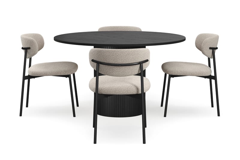 Kopparbo Rundt Spisebord 130 cm med 4 Lucy Spisestoler - Svart tre / Greige Bouclé / Metallben Svart - Møbler - Bord - Spisegrupper