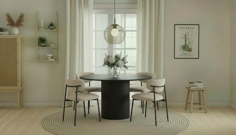 Kopparbo Rundt Spisebord 130 cm med 4 Lucy Spisestoler - Svart tre / Greige Bouclé / Metallben Svart - Møbler - Bord - Spisegrupper