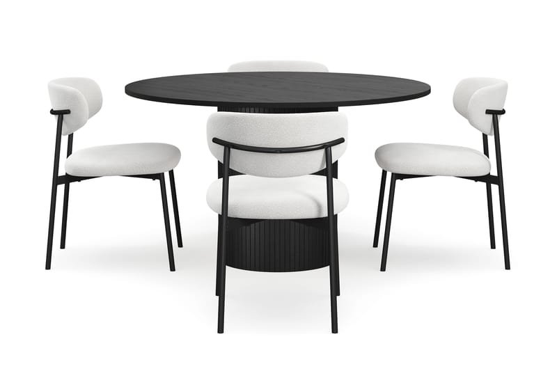 Kopparbo Rundt Spisebord 130 cm med 4 Lucy Spisestoler - Svart tre / Hvit Bouclé / Metallben Svart - Møbler - Bord - Spisegrupper