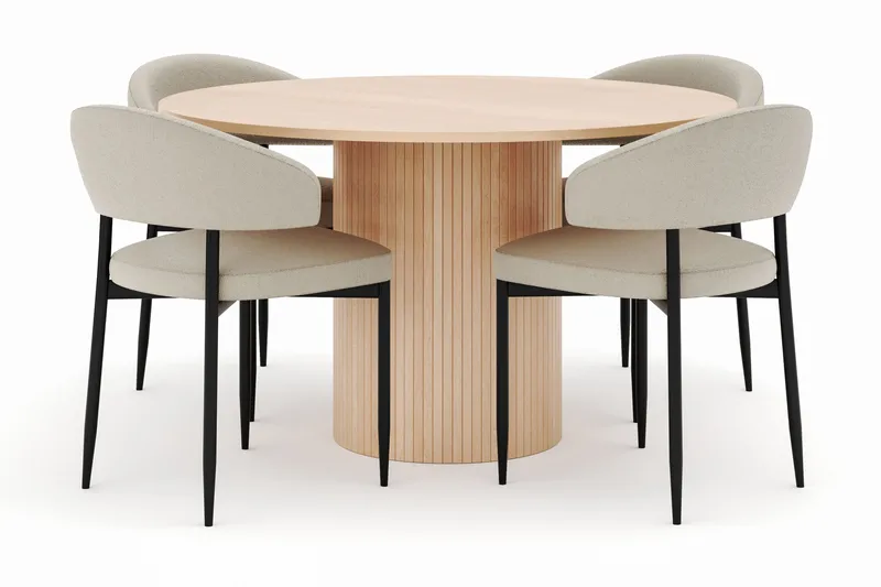 Kopparbo Rundt Spisebord 130 cm med 4 Sawako Stoler, Beige