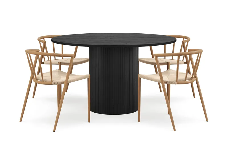 Kopparbo Rundt Spisebord 130 cm med 4 Winston Spisestoler, Svart tre / Beige / Metallben Eik