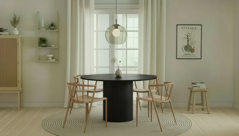 Kopparbo Rundt Spisebord 130 cm med 4 Winston Spisestoler - Svart tre / Beige / Metallben Eik - Møbler - Bord - Spisegrupper