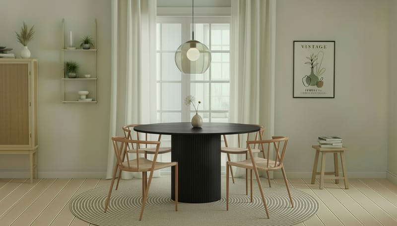 Kopparbo Rundt Spisebord 130 cm med 4 Winston Spisestoler - Svart tre / Beige / Metallben Eik - Møbler - Bord - Spisegrupper