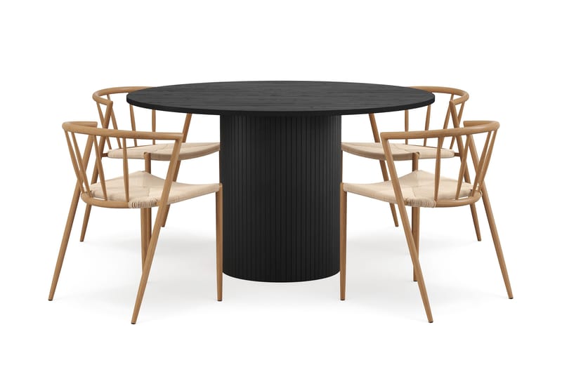 Kopparbo Rundt Spisebord 130 cm med 4 Winston Spisestoler - Svart tre / Beige / Metallben Eik - Møbler - Bord - Spisegrupper