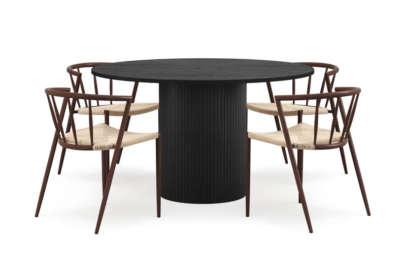 Kopparbo Rundt Spisebord 130 cm med 4 Winston Spisestoler - Svart tre / Beige / Metallben Røkt eik - Møbler - Bord - Spisegrupper