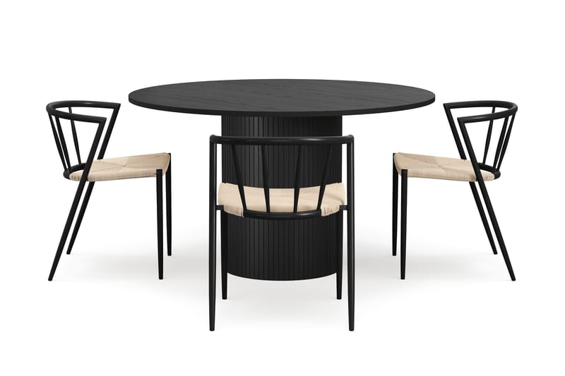 Kopparbo Rundt Spisebord 130 cm med 4 Winston Spisestoler, Svart tre / Beige / Metallben Svart