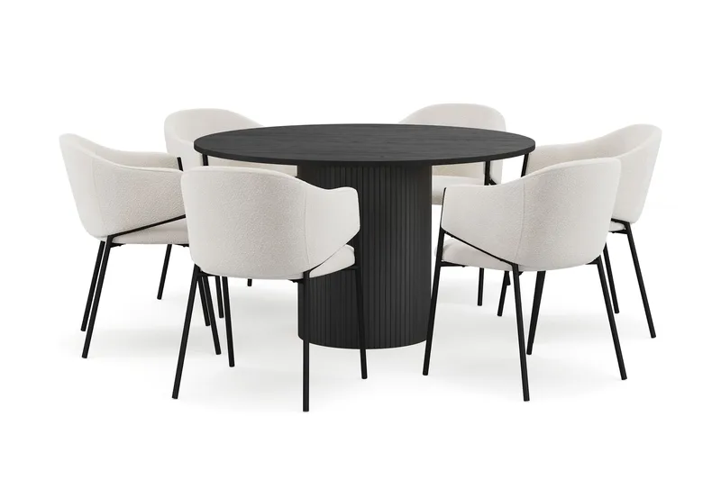 Kopparbo Rundt Spisebord 130 cm med 6 Filip Spisestoler, Svart tre / Hvit Bouclé