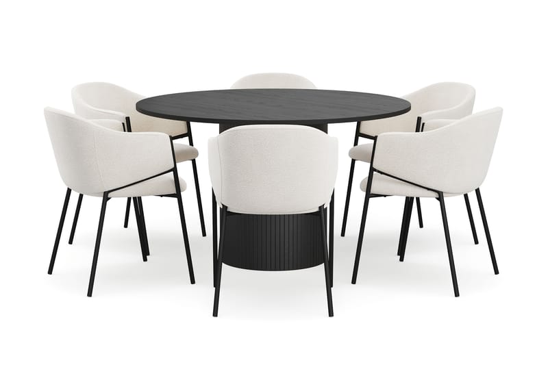 Kopparbo Rundt Spisebord 130 cm med 6 Filip Spisestoler - Svart tre / Hvit Bouclé - Møbler - Bord - Spisegrupper