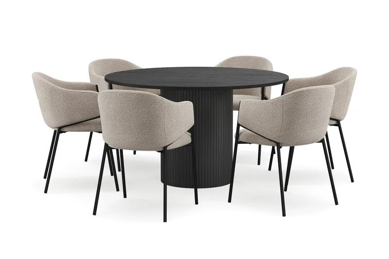 Kopparbo Rundt Spisebord 130 cm med 6 Filip Spisestoler, Svart tre / Taupe Bouclé