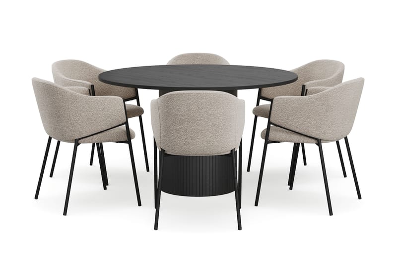 Kopparbo Rundt Spisebord 130 cm med 6 Filip Spisestoler - Svart tre / Taupe Bouclé - Møbler - Bord - Spisegrupper