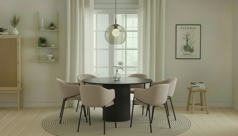 Kopparbo Rundt Spisebord 130 cm med 6 Filip Spisestoler - Svart tre / Taupe Bouclé - Møbler - Bord - Spisegrupper