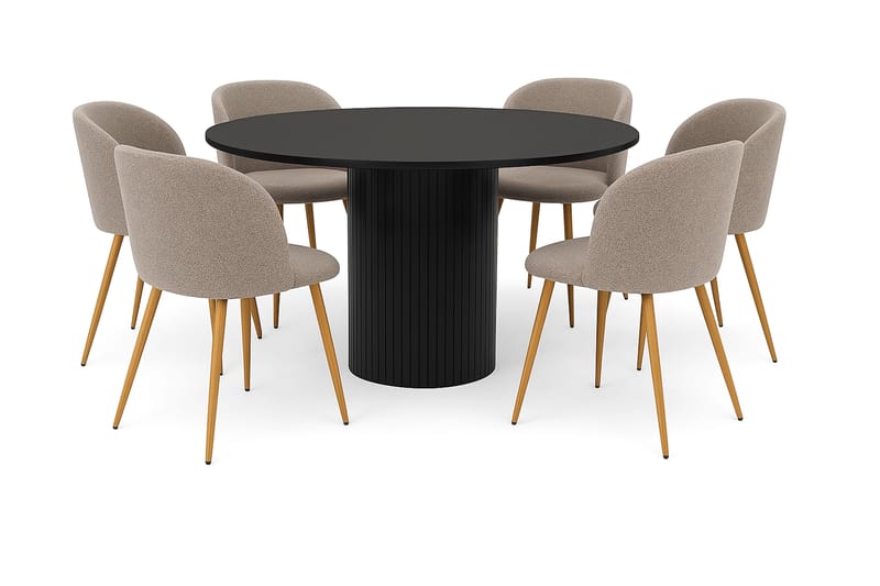 Kopparbo Rundt Spisebord 130 cm med 6 Greya Spisestoler med armlener, Svart tre / Greige Bouclé / Metallben Eik
