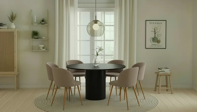 Kopparbo Rundt Spisebord 130 cm med 6 Greya Spisestoler med armlener - Svart tre / Greige Bouclé / Metallben Eik - Møbler - Bord - Spisegrupper