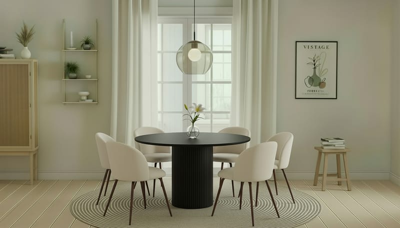 Kopparbo Rundt Spisebord 130 cm med 6 Greya Spisestoler med armlener - Svart tre / Hvit Bouclé / Metallben Valnøtt - Møbler - Bord - Spisegrupper