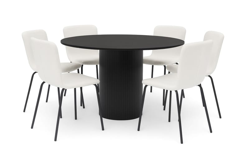 Kopparbo Rundt Spisebord 130 cm med 6 Katy Spisestoler, Svart tre / Hvit Bouclé / Metallben Svart