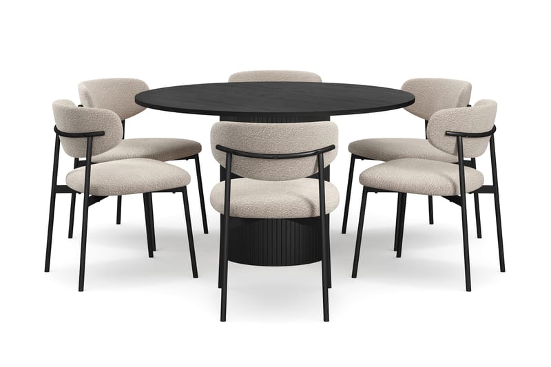 Kopparbo Rundt Spisebord 130 cm med 6 Lucy Spisestoler - Svart tre / Greige Bouclé / Metallben Svart - Møbler - Bord - Spisegrupper