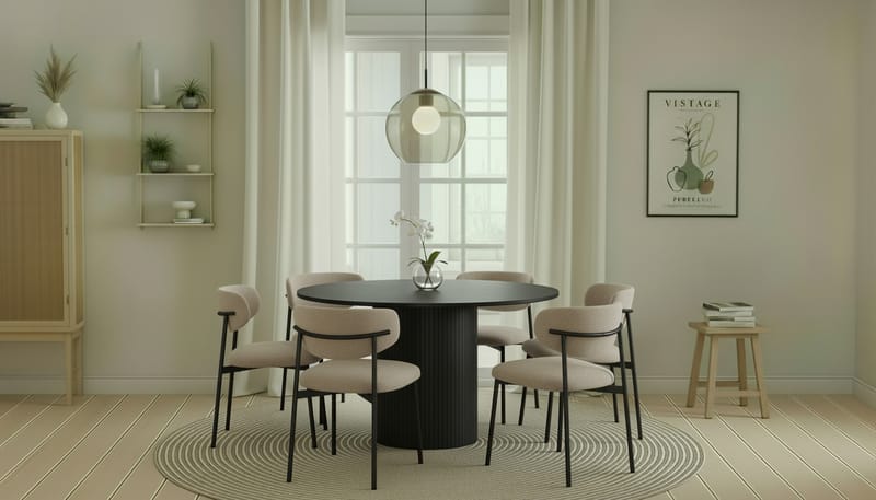 Kopparbo Rundt Spisebord 130 cm med 6 Lucy Spisestoler - Svart tre / Greige Bouclé / Metallben Svart - Møbler - Bord - Spisegrupper