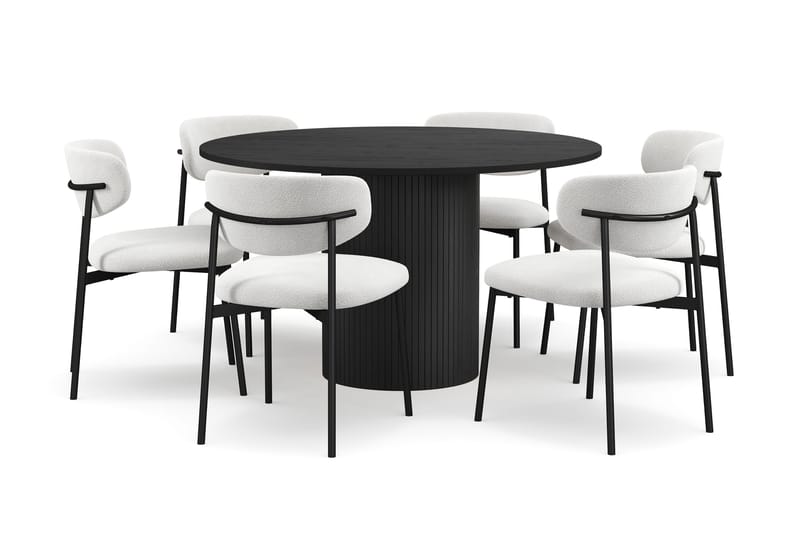 Kopparbo Rundt Spisebord 130 cm med 6 Lucy Spisestoler, Svart tre / Hvit Bouclé / Metallben Svart