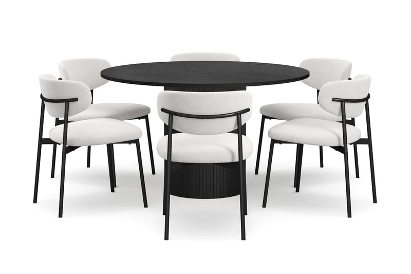 Kopparbo Rundt Spisebord 130 cm med 6 Lucy Spisestoler - Svart tre / Hvit Bouclé / Metallben Svart - Møbler - Bord - Spisegrupper
