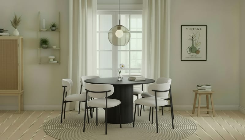 Kopparbo Rundt Spisebord 130 cm med 6 Lucy Spisestoler - Svart tre / Hvit Bouclé / Metallben Svart - Møbler - Bord - Spisegrupper